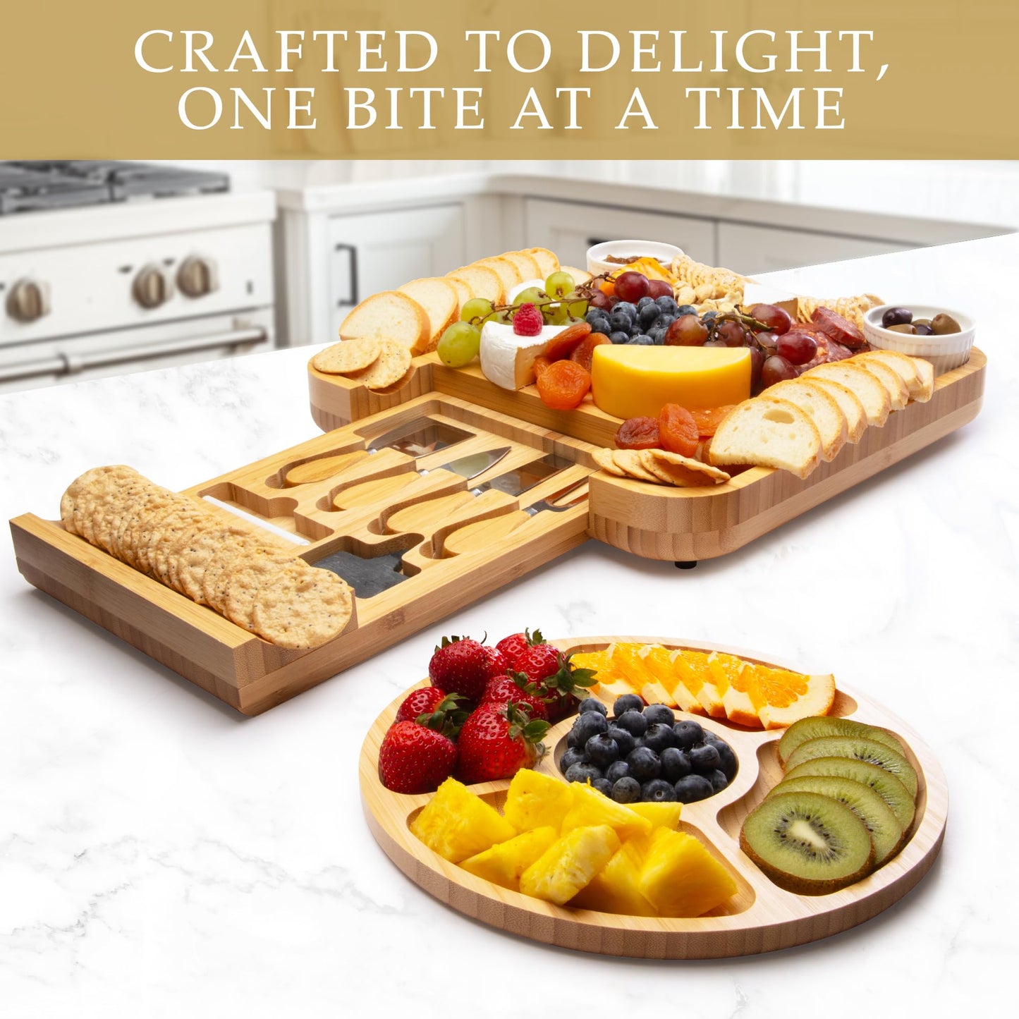 Zulay Kitchen Premium Bamboo Charcuterie Board - Extra Thick Bamboo Board with 4 Piece Knife Set - Perfect for Charcuterie, Wine and Cheese