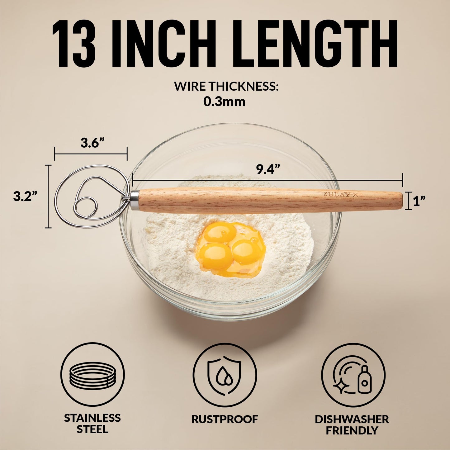 Zulay Kitchen 13-Inch Danish Dough Whisk - Wooden Danish Whisk for Dough with Stainless Steel Dough Hook - Traditional Dutch Whisk - Bread Whisk for Sourdough, Pizza, Pastry, Cake Batter
