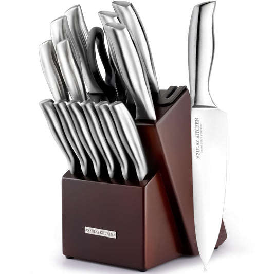 Zulay 15 Piece Stainless Steel Knife Set with Block and Sharpener - Sharp Knife Block Set with Built In Sharpener - Kitchen Knife Set With Block - Rust Proof Knife Set Stainless Steel