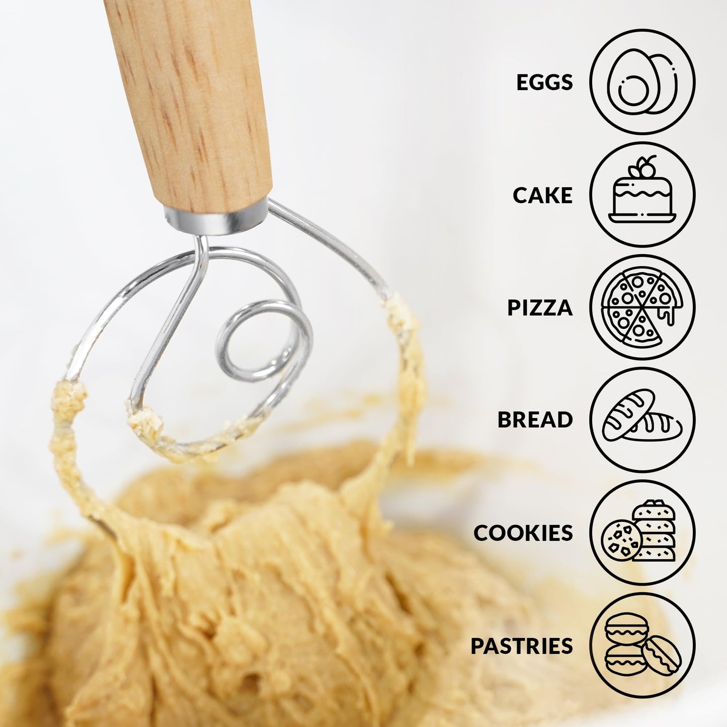 Zulay Kitchen 13-Inch Danish Dough Whisk - Wooden Danish Whisk for Dough with Stainless Steel Dough Hook - Traditional Dutch Whisk - Bread Whisk for Sourdough, Pizza, Pastry, Cake Batter
