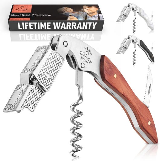 Zulay Kitchen Corkscrew Wine Opener - Premium 420 Stainless Steel & Rosewood Wine Bottle Opener - Double Hinged Opener with Foil Cutter & Cap Remover - Rosewood