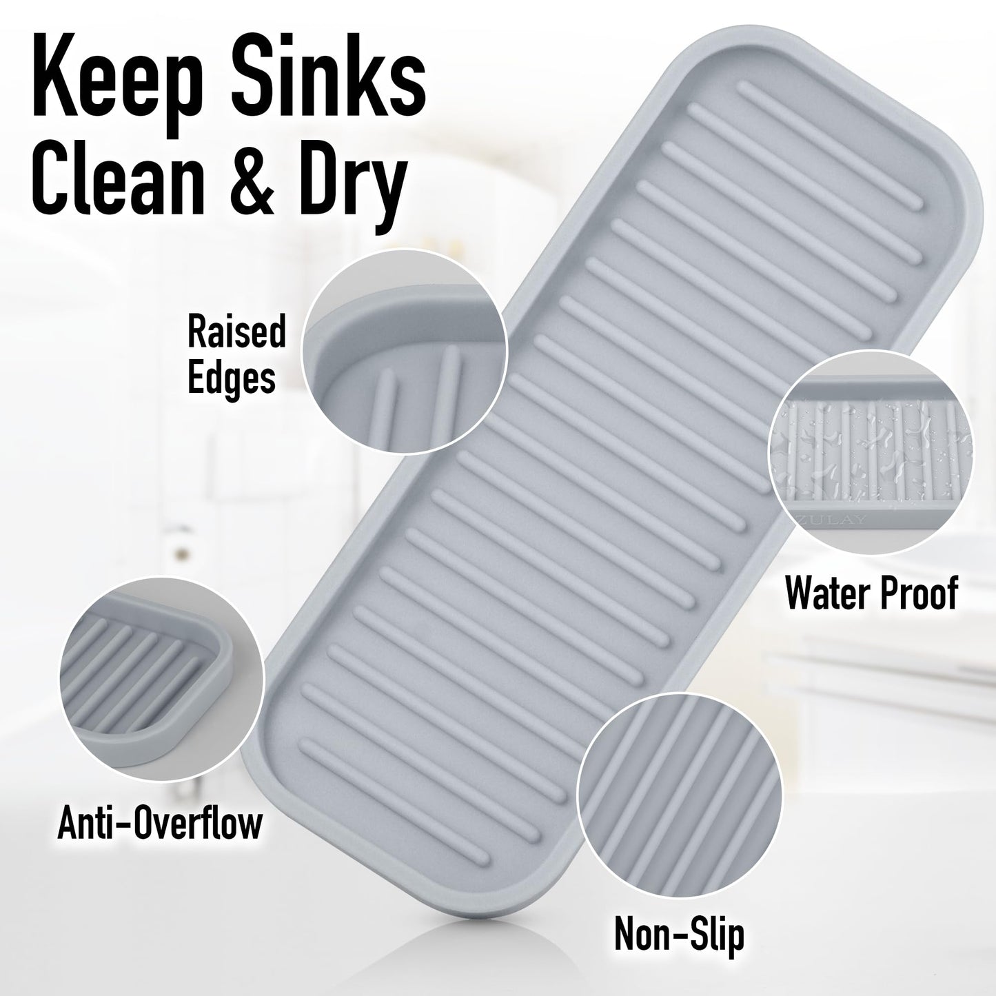 Zulay Kitchen (9x3.5) Silicone Sponge Holder for Kitchen Sink - Flexible Multipurpose Soap Tray - Sink Organizer for Kitchen, Bathroom, Makeup, Trinkets & More (Grey)