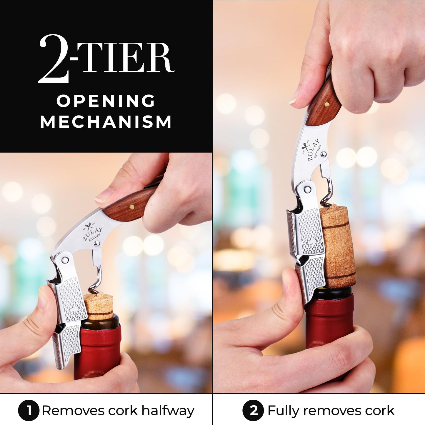 Zulay Kitchen Corkscrew Wine Opener - Premium 420 Stainless Steel & Rosewood Wine Bottle Opener - Double Hinged Opener with Foil Cutter & Cap Remover - Rosewood
