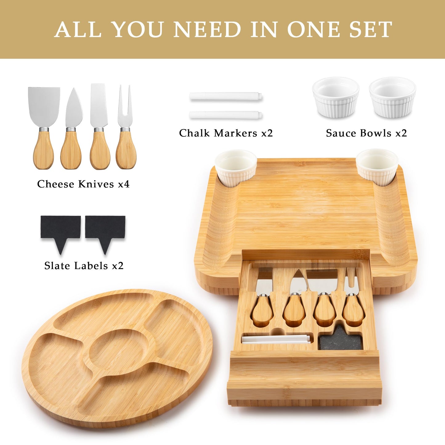 Zulay Kitchen Premium Bamboo Charcuterie Board - Extra Thick Bamboo Board with 4 Piece Knife Set - Perfect for Charcuterie, Wine and Cheese