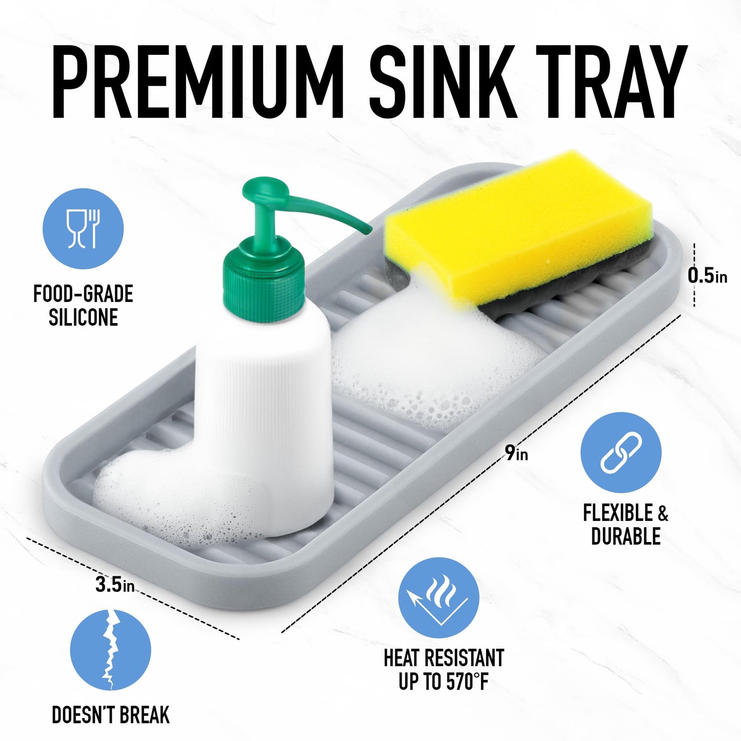 Zulay Kitchen (9x3.5) Silicone Sponge Holder for Kitchen Sink - Flexible Multipurpose Soap Tray - Sink Organizer for Kitchen, Bathroom, Makeup, Trinkets & More (Grey)