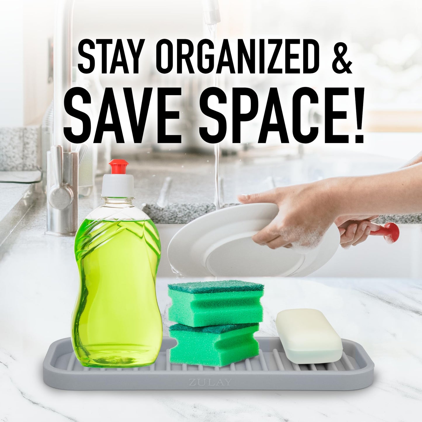 Zulay Kitchen (9x3.5) Silicone Sponge Holder for Kitchen Sink - Flexible Multipurpose Soap Tray - Sink Organizer for Kitchen, Bathroom, Makeup, Trinkets & More (Grey)