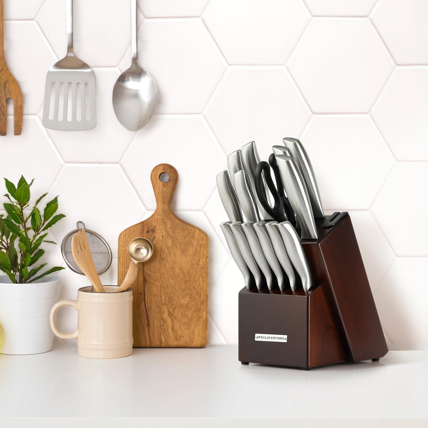 Zulay 15 Piece Stainless Steel Knife Set with Block and Sharpener - Sharp Knife Block Set with Built In Sharpener - Kitchen Knife Set With Block - Rust Proof Knife Set Stainless Steel