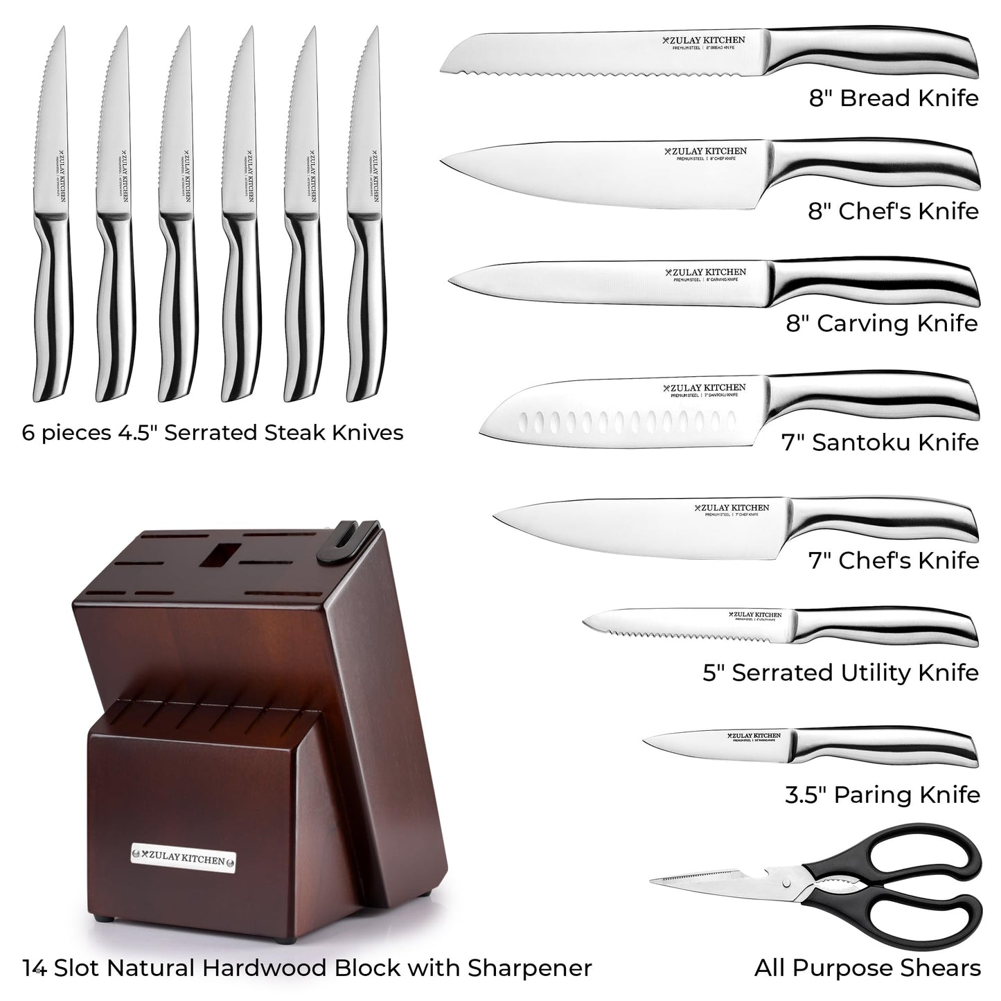 Zulay 15 Piece Stainless Steel Knife Set with Block and Sharpener - Sharp Knife Block Set with Built In Sharpener - Kitchen Knife Set With Block - Rust Proof Knife Set Stainless Steel