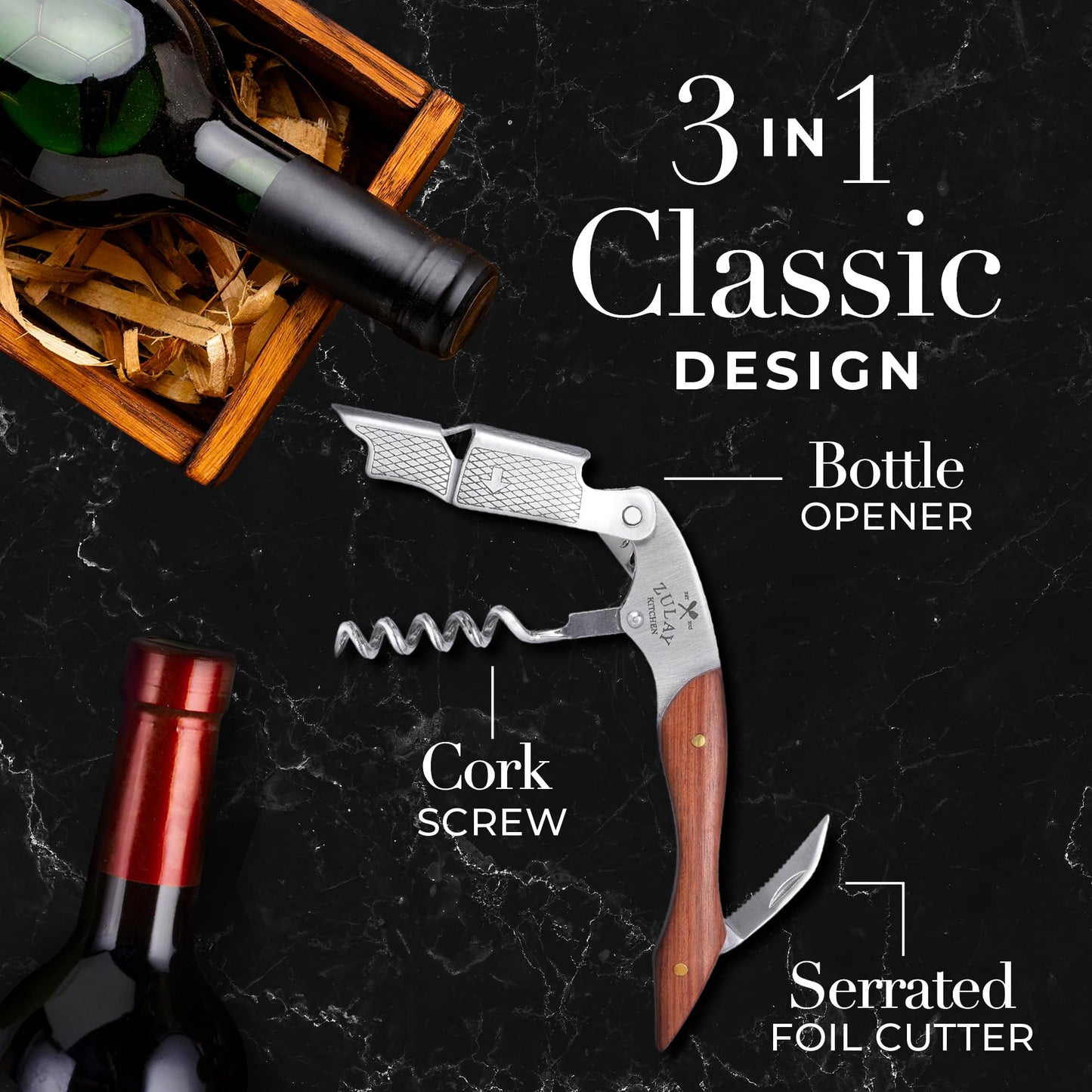 Zulay Kitchen Corkscrew Wine Opener - Premium 420 Stainless Steel & Rosewood Wine Bottle Opener - Double Hinged Opener with Foil Cutter & Cap Remover - Rosewood