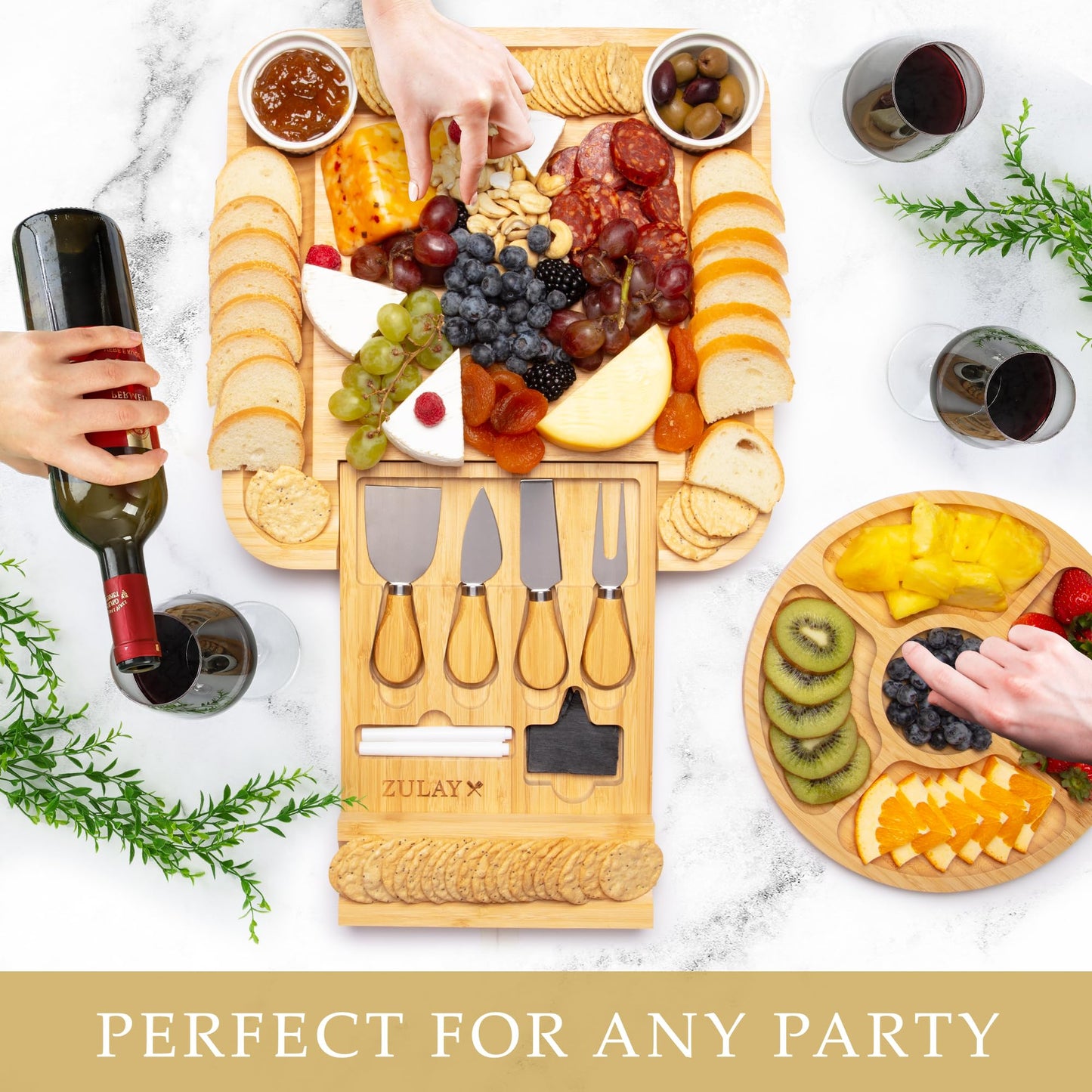 Zulay Kitchen Premium Bamboo Charcuterie Board - Extra Thick Bamboo Board with 4 Piece Knife Set - Perfect for Charcuterie, Wine and Cheese