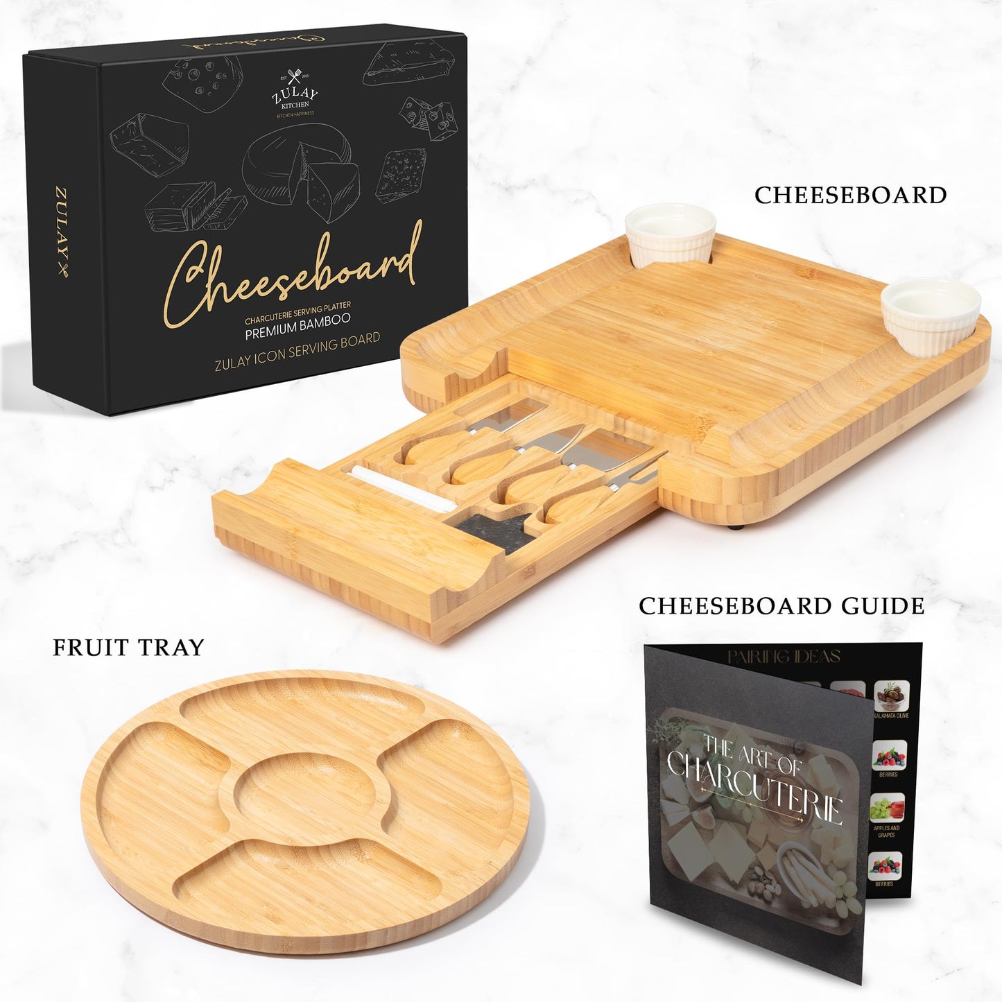 Zulay Kitchen Premium Bamboo Charcuterie Board - Extra Thick Bamboo Board with 4 Piece Knife Set - Perfect for Charcuterie, Wine and Cheese