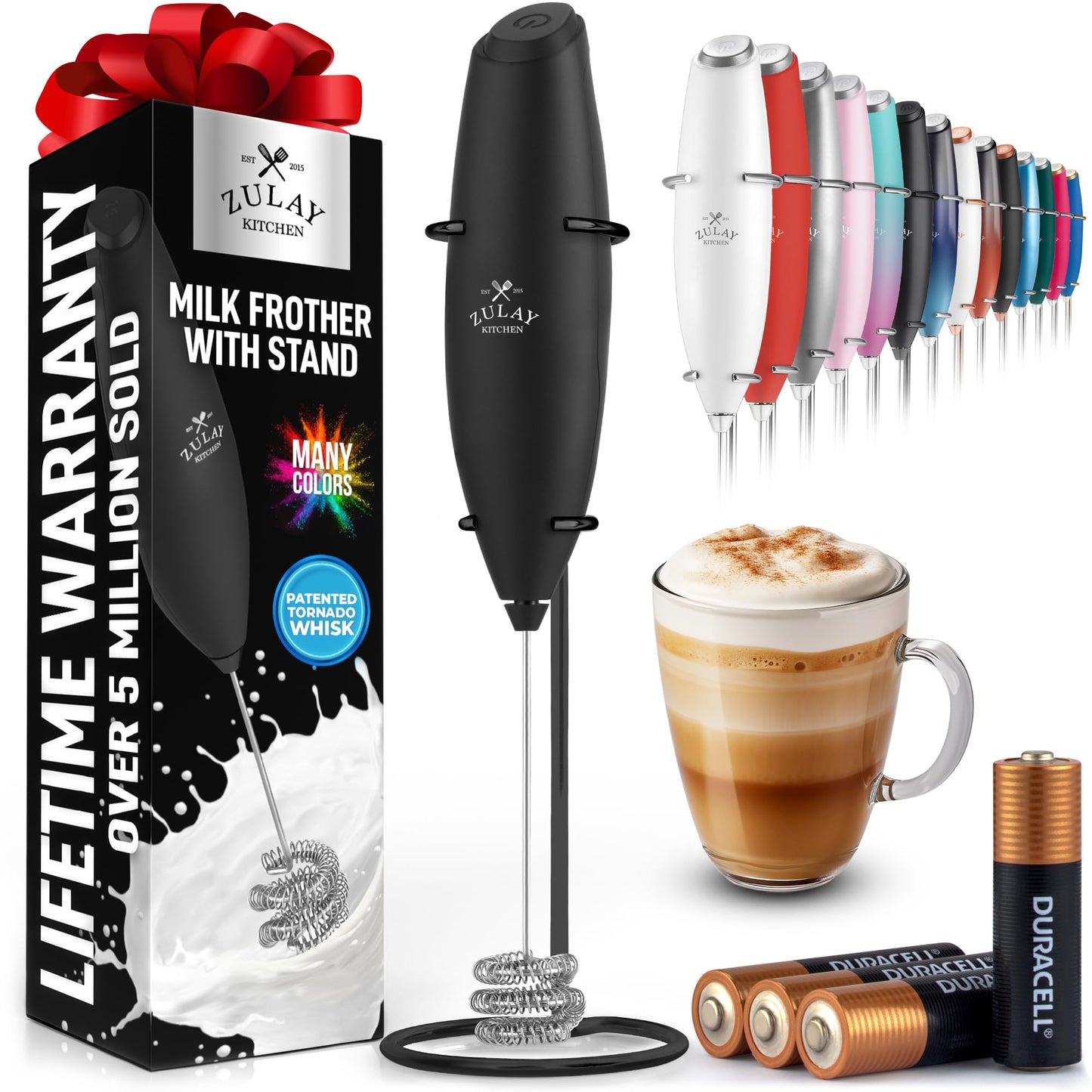 Zulay Kitchen Patented Tornado Triple Whisk Milk Frother with 4 Duracell Batteries – Handheld Foam Maker for Coffee, Lattes, Matcha & Hot Chocolate – Rich, Creamy Froth in Seconds