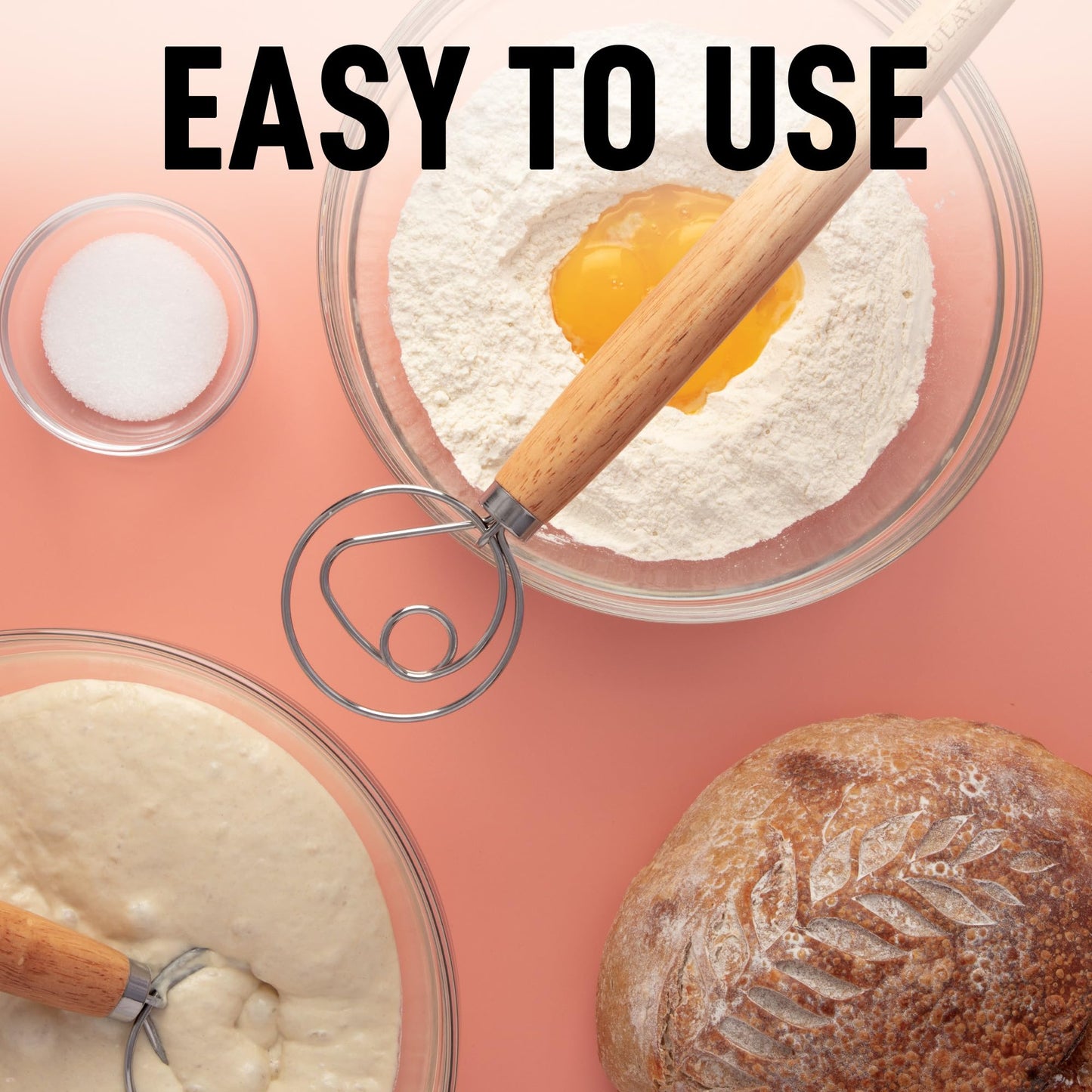 Zulay Kitchen 13-Inch Danish Dough Whisk - Wooden Danish Whisk for Dough with Stainless Steel Dough Hook - Traditional Dutch Whisk - Bread Whisk for Sourdough, Pizza, Pastry, Cake Batter