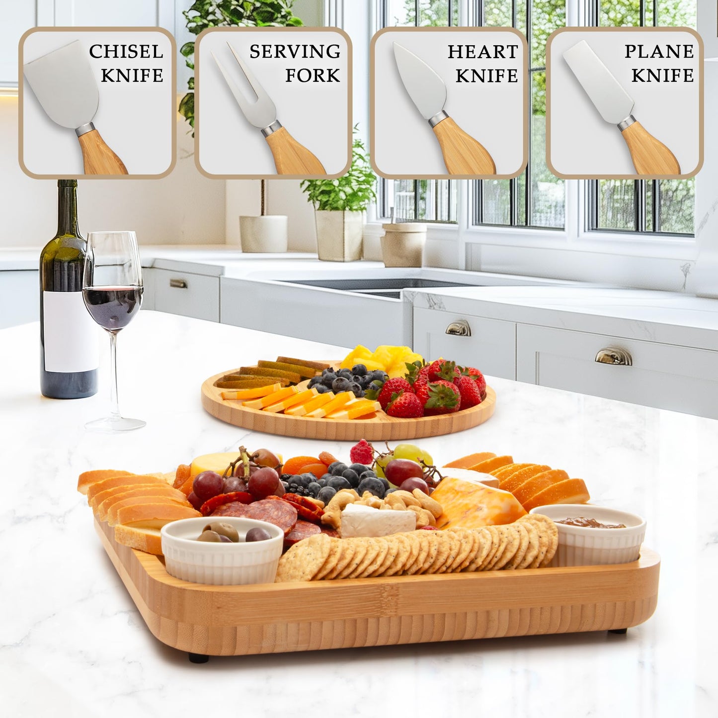 Zulay Kitchen Premium Bamboo Charcuterie Board - Extra Thick Bamboo Board with 4 Piece Knife Set - Perfect for Charcuterie, Wine and Cheese