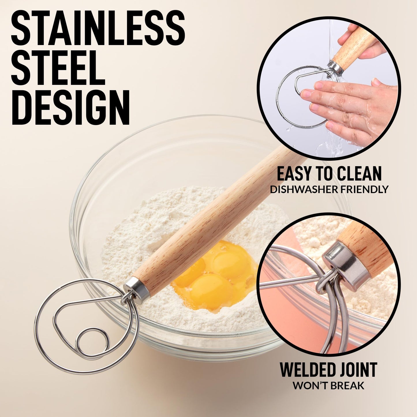 Zulay Kitchen 13-Inch Danish Dough Whisk - Wooden Danish Whisk for Dough with Stainless Steel Dough Hook - Traditional Dutch Whisk - Bread Whisk for Sourdough, Pizza, Pastry, Cake Batter