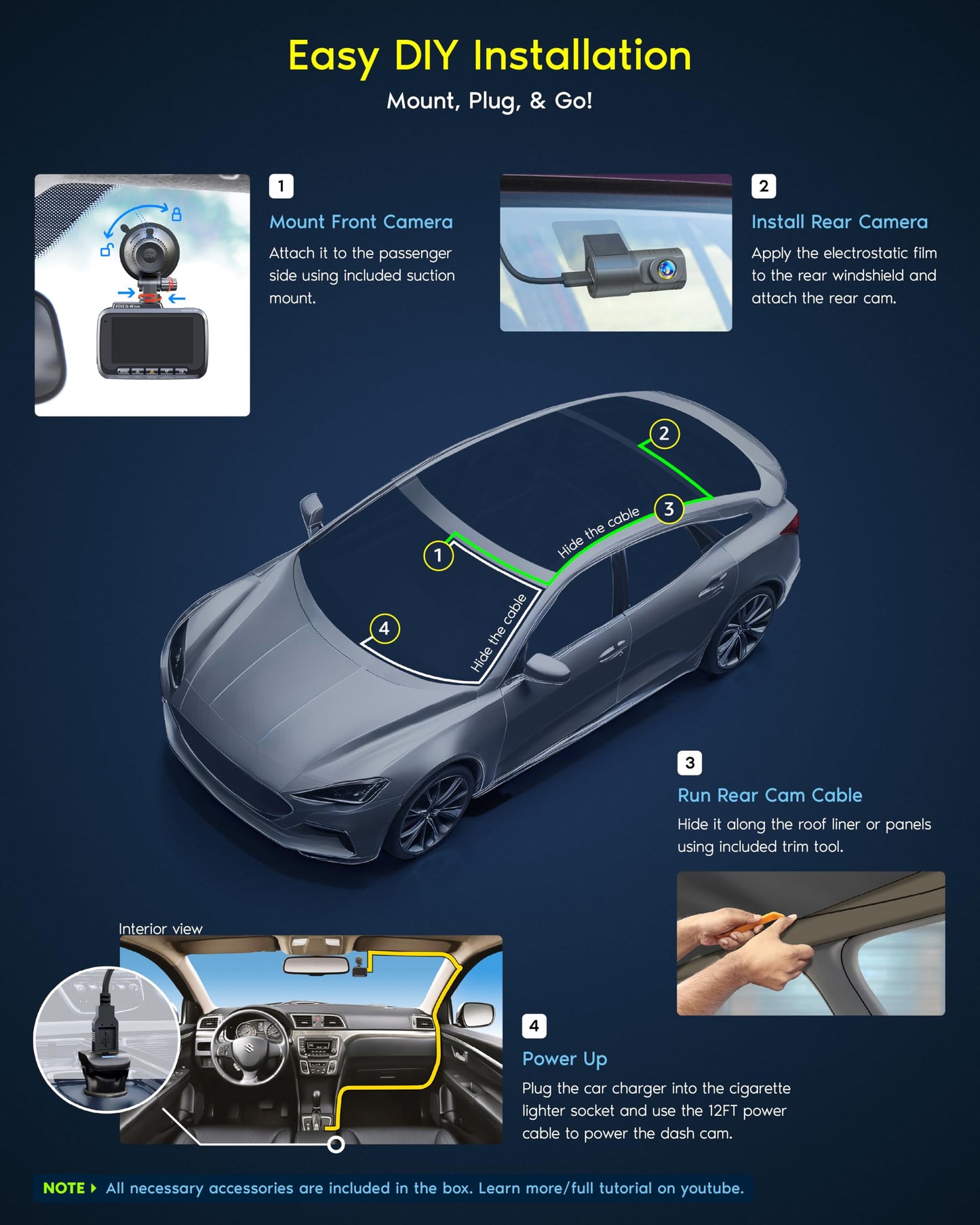 ROVE R2-4K DUAL Dash Cam Front and Rear, STARVIS 2 Sensor, FREE 128GB Card Included, 5G WiFi - up to 20MB/s Fastest Download Speed with App, 4K 2160P/FHD Dash Camera for Cars, 3" IPS, 24H Parking Mode