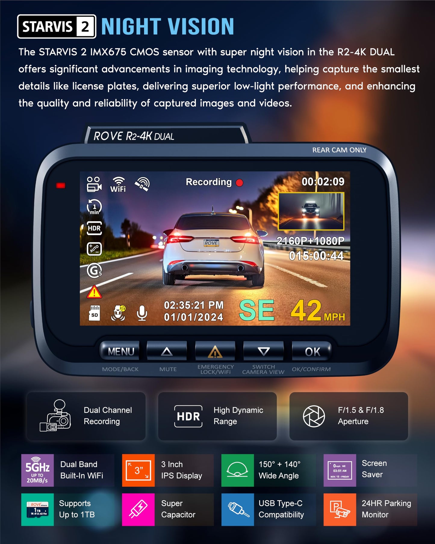 ROVE R2-4K DUAL Dash Cam Front and Rear, STARVIS 2 Sensor, FREE 128GB Card Included, 5G WiFi - up to 20MB/s Fastest Download Speed with App, 4K 2160P/FHD Dash Camera for Cars, 3" IPS, 24H Parking Mode